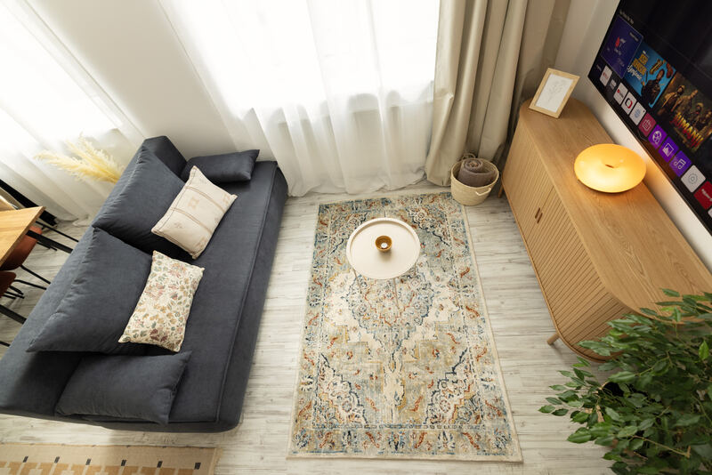 Obývací část apartmánu Atelier Lion — rozkládací pohovka, vzorovaný koberec a dubová komoda